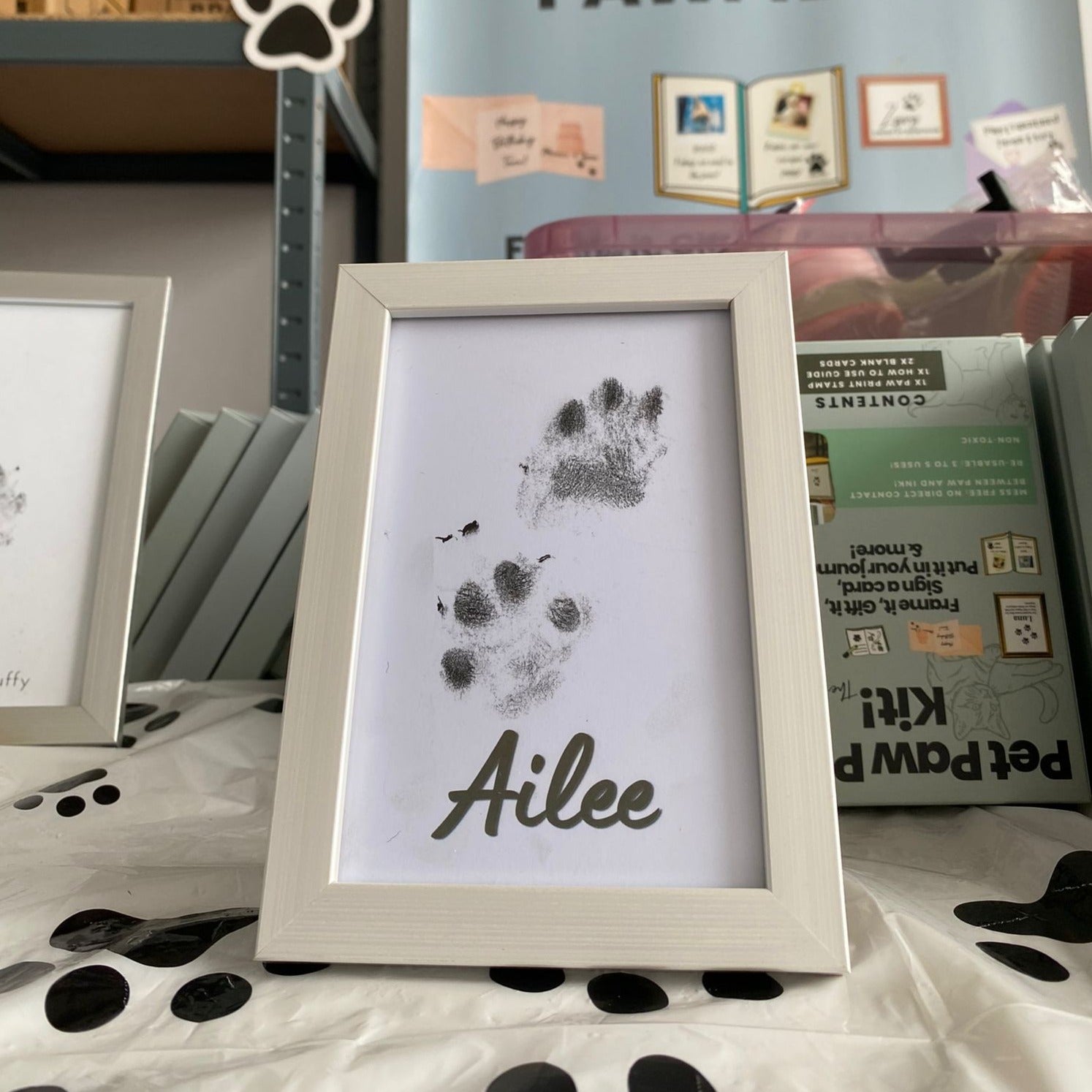 Name Personalised Pet Paw Prints Framed in White