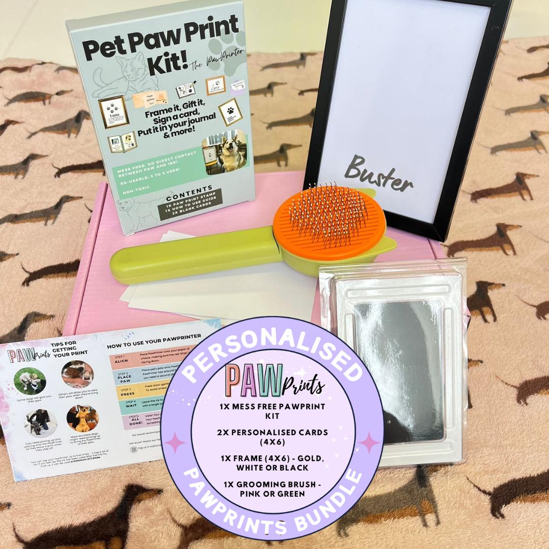 Personalised Pet Gift Box: Green &  Orange Grooming Brush, Black Frame, Original Pet PawPrint Kit 