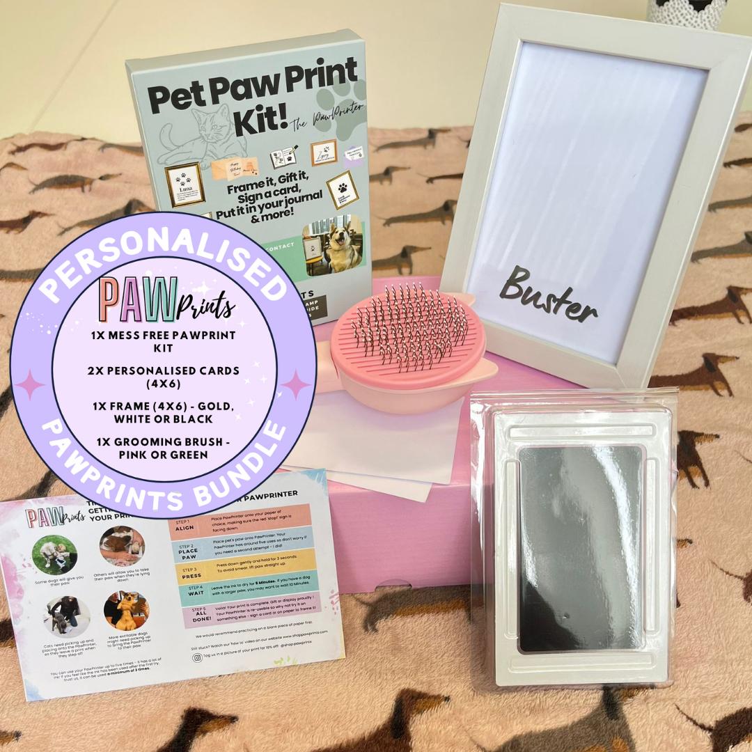 Personalised Pet Gift Box: Pink Grooming Brush, White Frame, Original Pet PawPrint Kit 